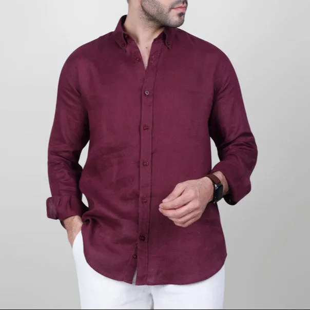 LONG SLEEVE LINEN SHIRT  - BURGUNDY