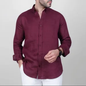 LONG SLEEVE LINEN SHIRT  - BURGUNDY