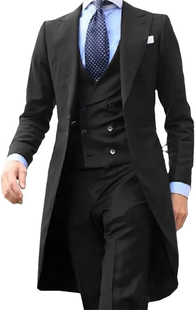 Long Tail Blazer 3 Pieces Male Suit Men's Groom Tuxedo Prom Jacket Vest with Pants