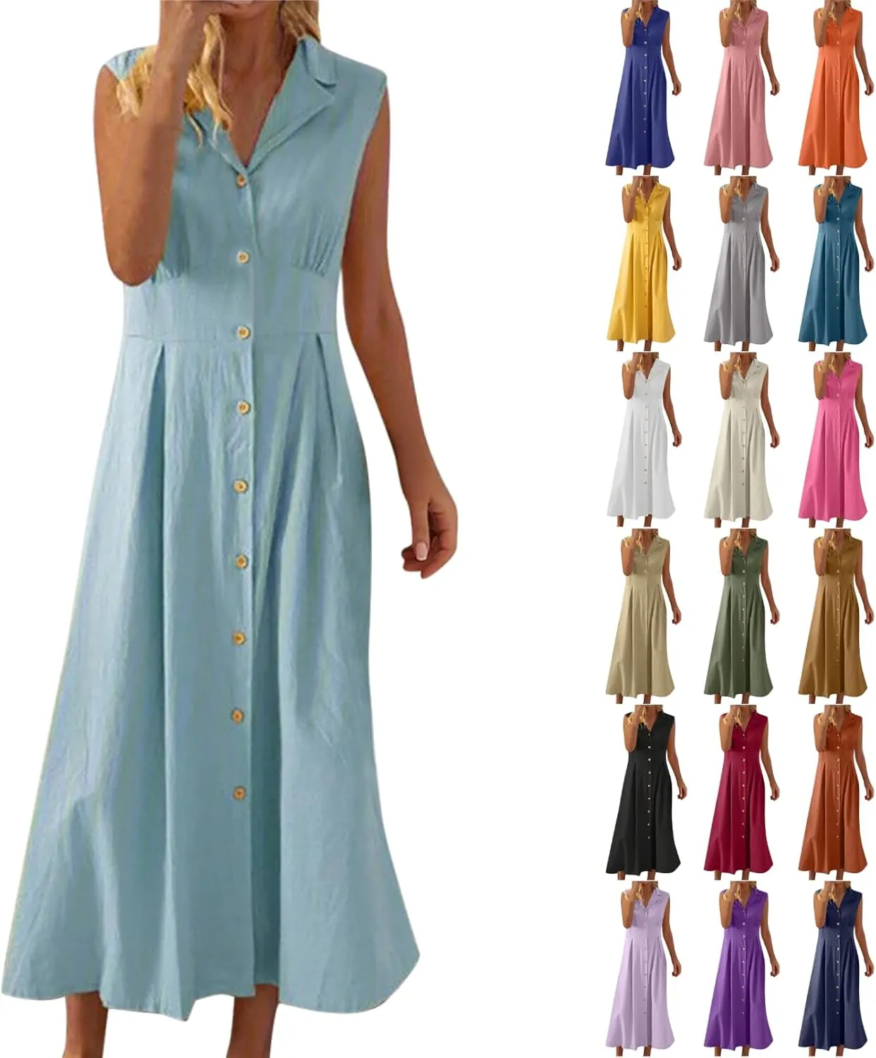 Maxi Dresses for Women 2025 Summer Elegant Linen Dress Sleeveless Button V Neck Collar Casual Beach Long Dresses