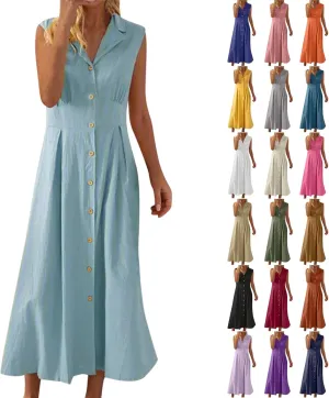 Maxi Dresses for Women 2025 Summer Elegant Linen Dress Sleeveless Button V Neck Collar Casual Beach Long Dresses
