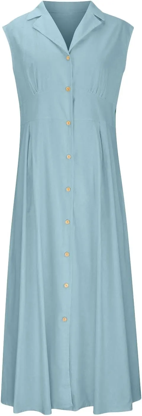 Maxi Dresses for Women 2025 Summer Elegant Linen Dress Sleeveless Button V Neck Collar Casual Beach Long Dresses