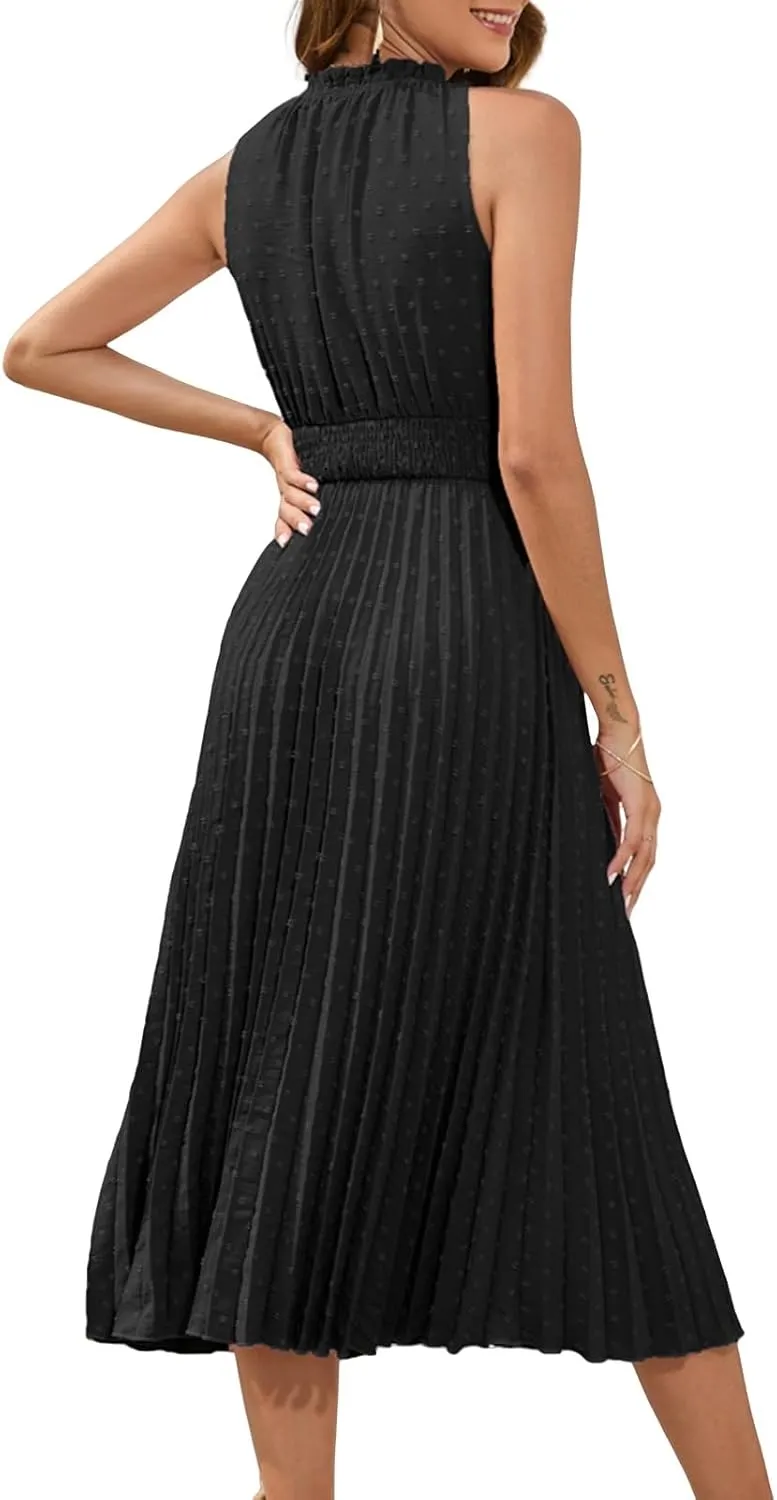 Maxi Dresses for Women Halter Neck Swiss Dot Ruffle Sleeveless Dresses A Line Flowy Beach Vacation Long Dress