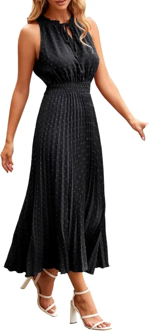 Maxi Dresses for Women Halter Neck Swiss Dot Ruffle Sleeveless Dresses A Line Flowy Beach Vacation Long Dress