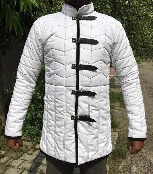 Medieval cotton gambeson Thick padded aketon jacket Full sleeve padded coat White color gambeson Handmade padded jacket Medieval aketon full sleeve (LARGE, WHITE)