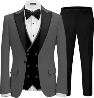 Men 3 Piece Tuxedo Suit Double Breasted Suit for Men Wedding Prom Slim Fit Blazer Vest Pants with Bow Tie