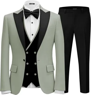 Men 3 Piece Tuxedo Suit Double Breasted Suit for Men Wedding Prom Slim Fit Blazer Vest Pants with Bow Tie
