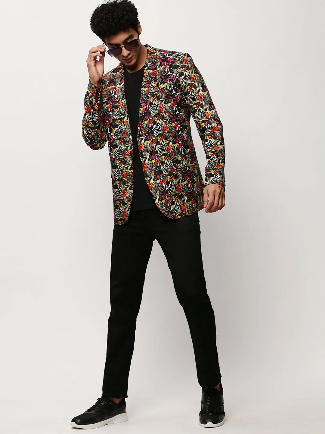 Men Black Abstract Printed Slim Fit Single-Breasted Cotton Blazer