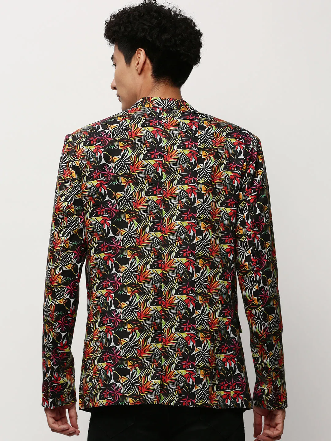 Men Black Abstract Printed Slim Fit Single-Breasted Cotton Blazer