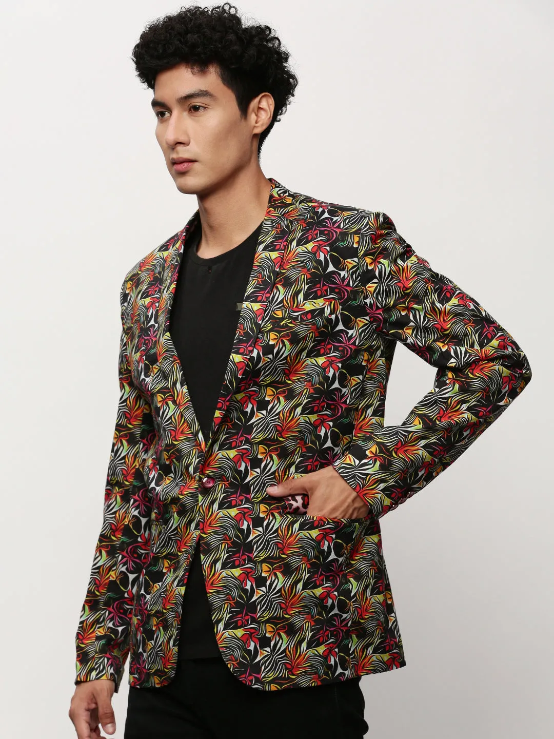 Men Black Abstract Printed Slim Fit Single-Breasted Cotton Blazer