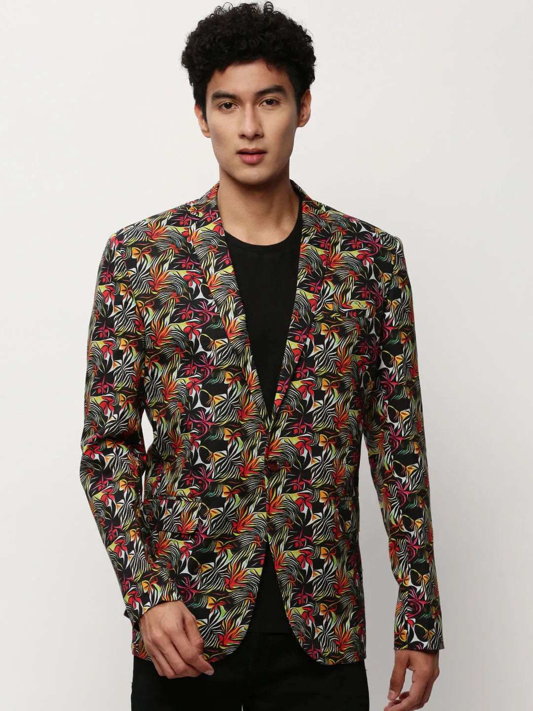 Men Black Abstract Printed Slim Fit Single-Breasted Cotton Blazer