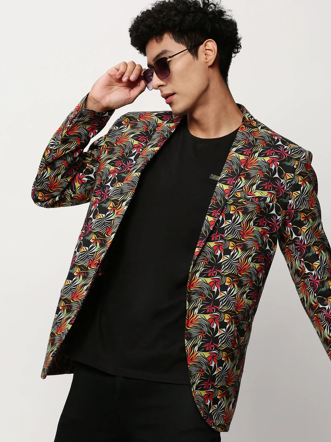 Men Black Abstract Printed Slim Fit Single-Breasted Cotton Blazer