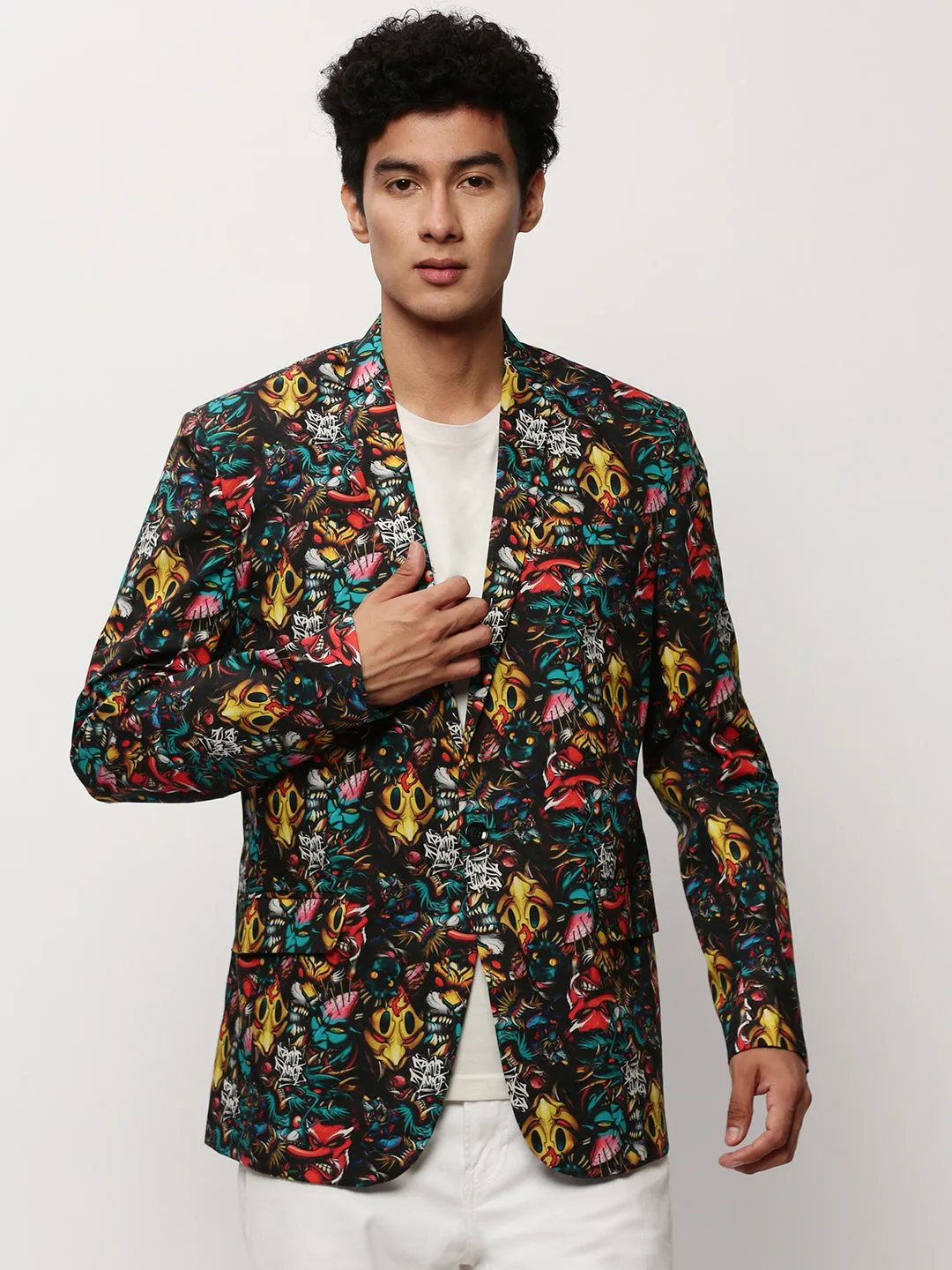 Men Black Graphic Printed Slim-Fit Single Breasted Cotton Blazer