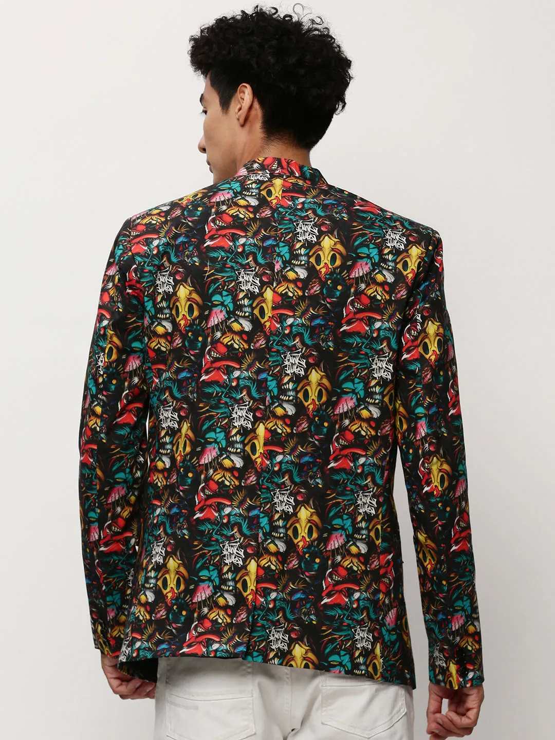Men Black Graphic Printed Slim-Fit Single Breasted Cotton Blazer