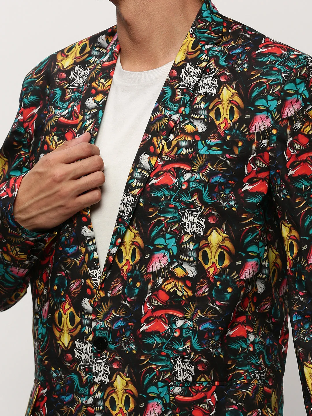 Men Black Graphic Printed Slim-Fit Single Breasted Cotton Blazer
