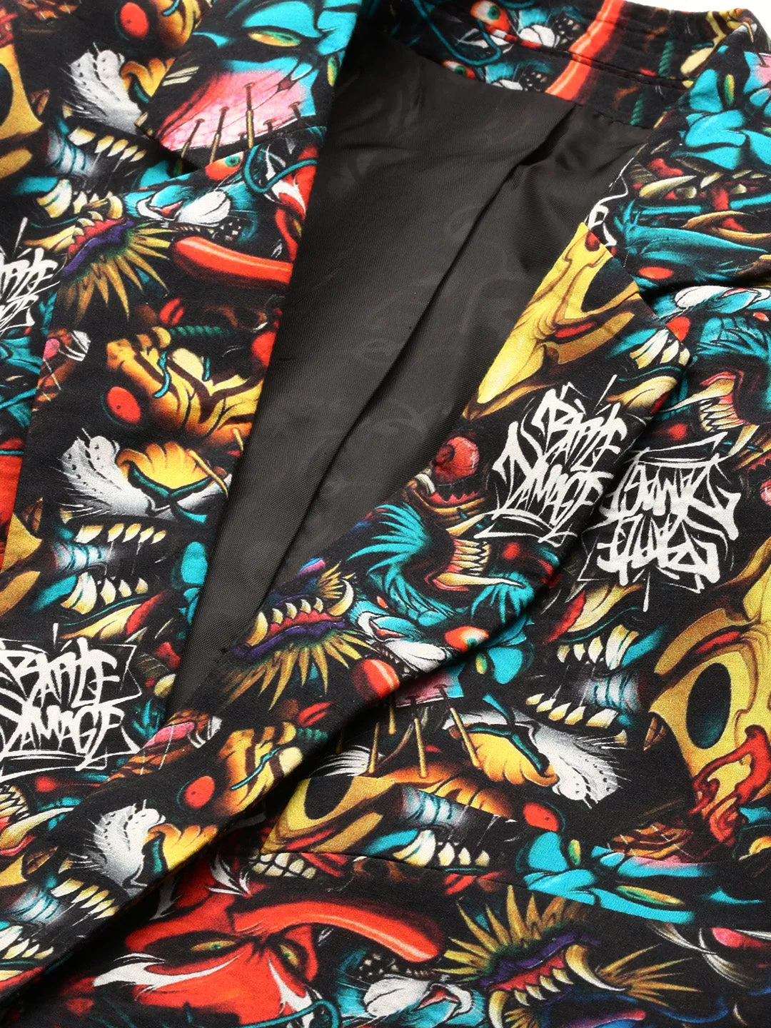 Men Black Graphic Printed Slim-Fit Single Breasted Cotton Blazer