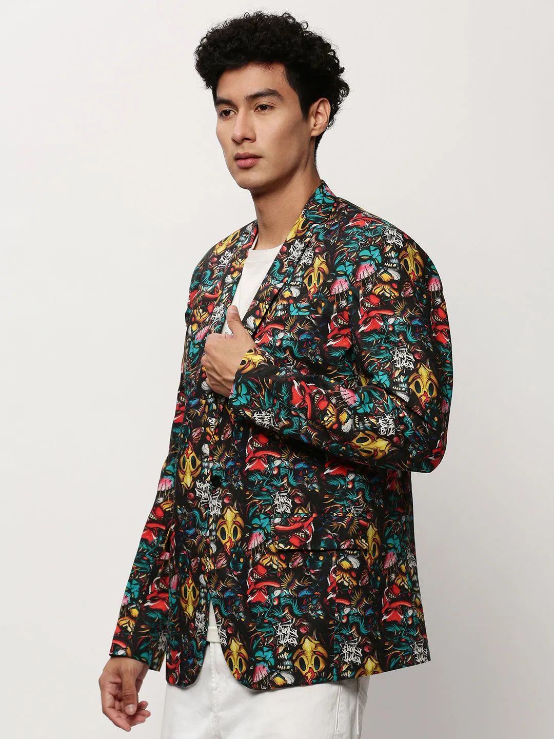 Men Black Graphic Printed Slim-Fit Single Breasted Cotton Blazer