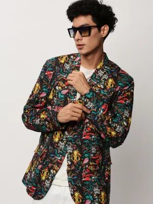 Men Black Graphic Printed Slim-Fit Single Breasted Cotton Blazer
