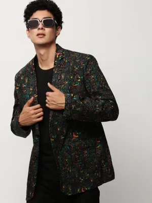 Men Black Printed Cotton Slim-Fit Single Breasted Blazer