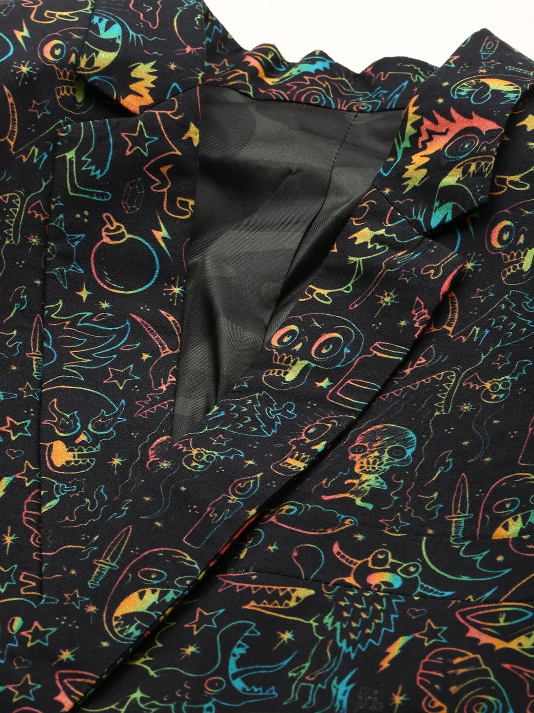 Men Black Printed Cotton Slim-Fit Single Breasted Blazer
