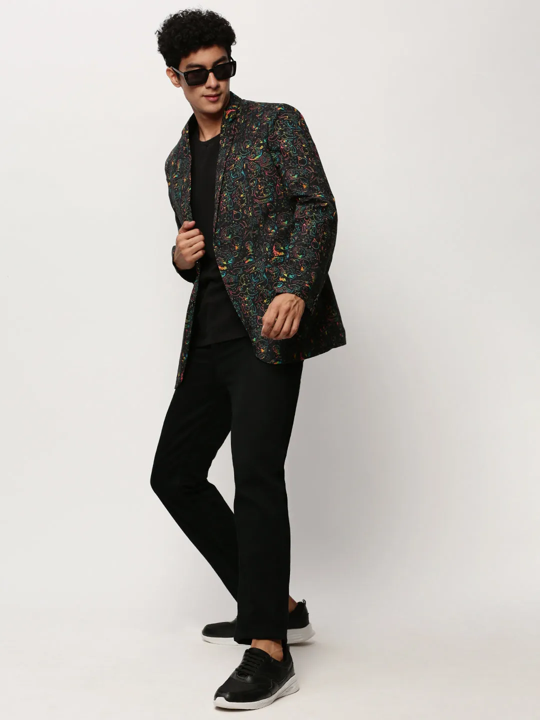 Men Black Printed Cotton Slim-Fit Single Breasted Blazer