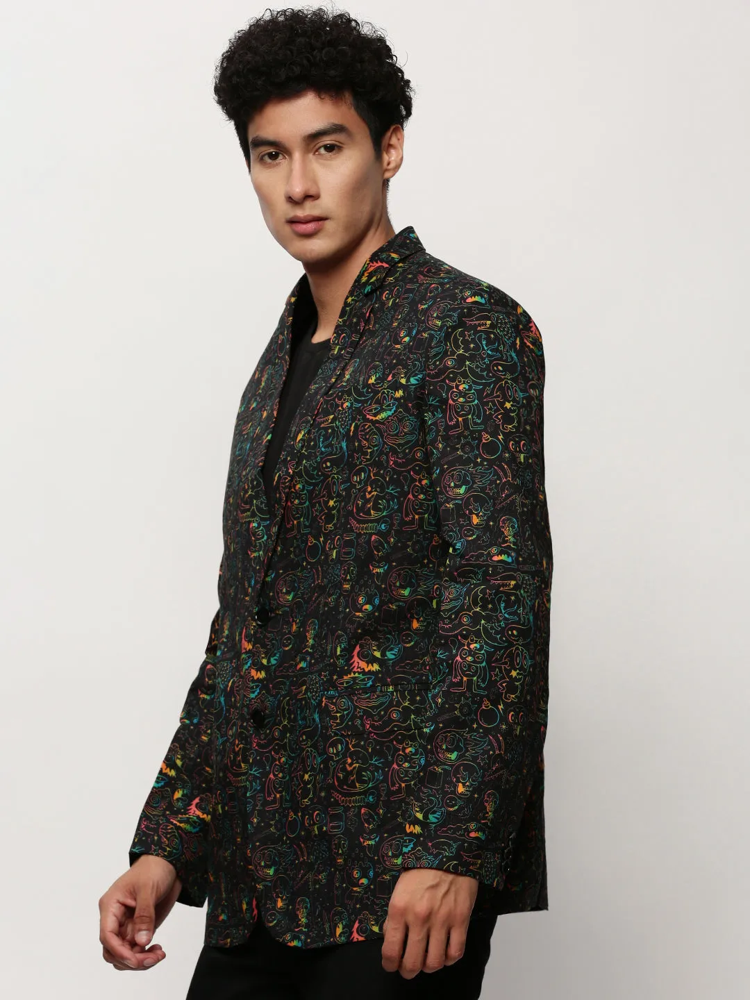 Men Black Printed Cotton Slim-Fit Single Breasted Blazer
