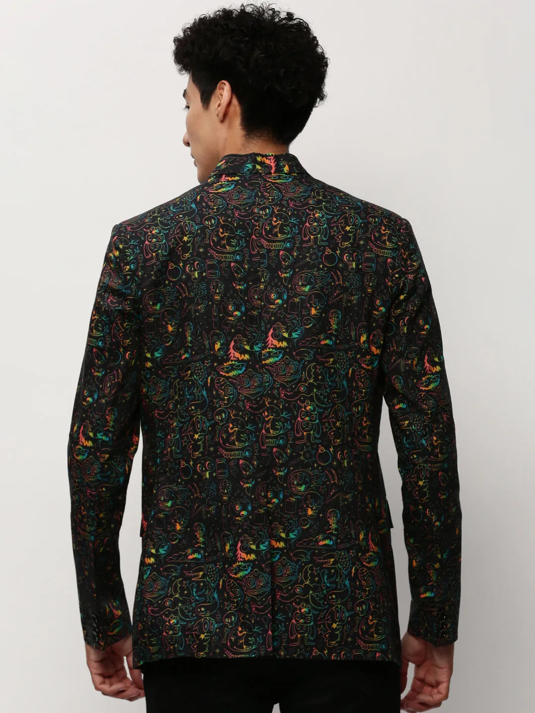 Men Black Printed Cotton Slim-Fit Single Breasted Blazer