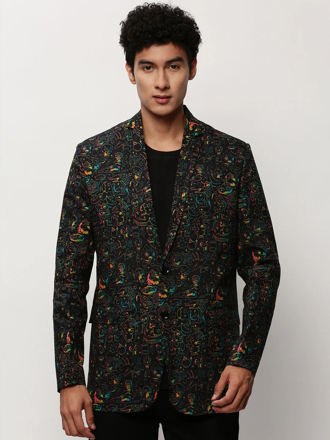 Men Black Printed Cotton Slim-Fit Single Breasted Blazer