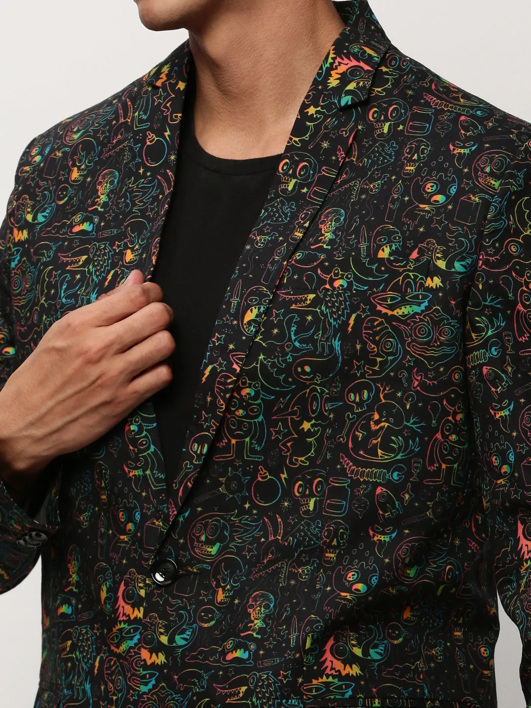 Men Black Printed Cotton Slim-Fit Single Breasted Blazer