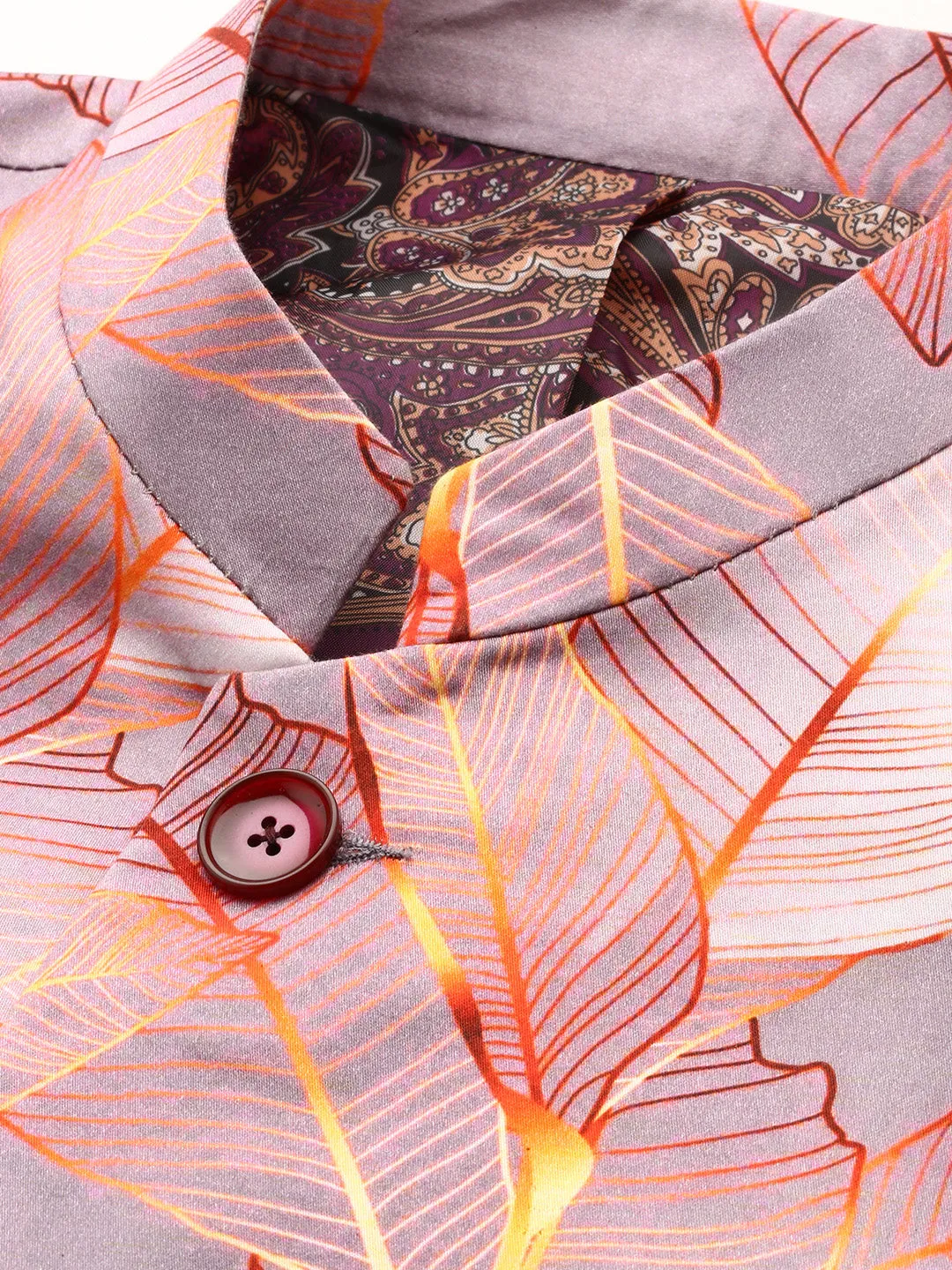 Men Mauve Floral Printed Mandarin Collar Slim-Fit Twill Cotton Bandhgala Blazer