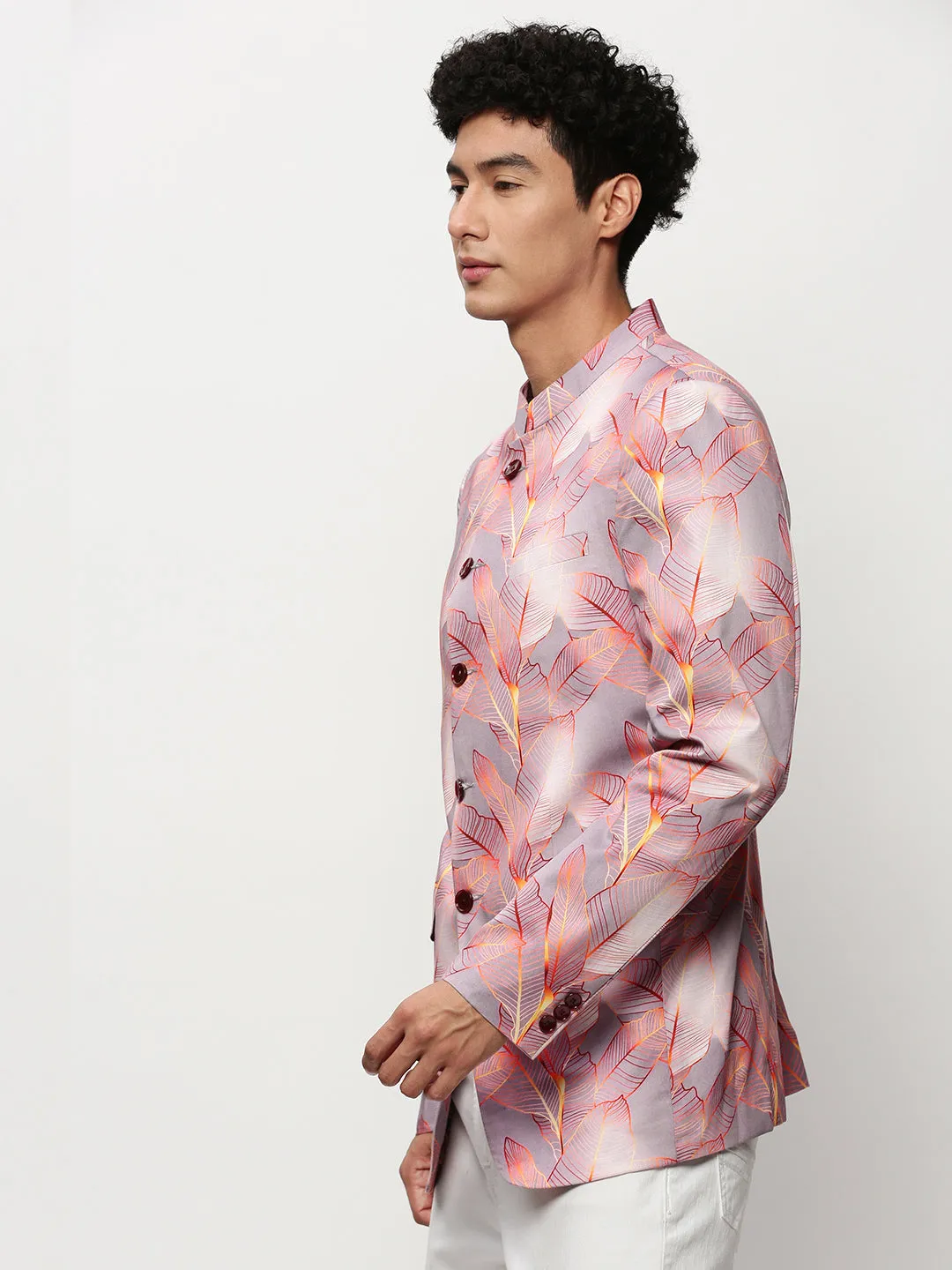 Men Mauve Floral Printed Mandarin Collar Slim-Fit Twill Cotton Bandhgala Blazer