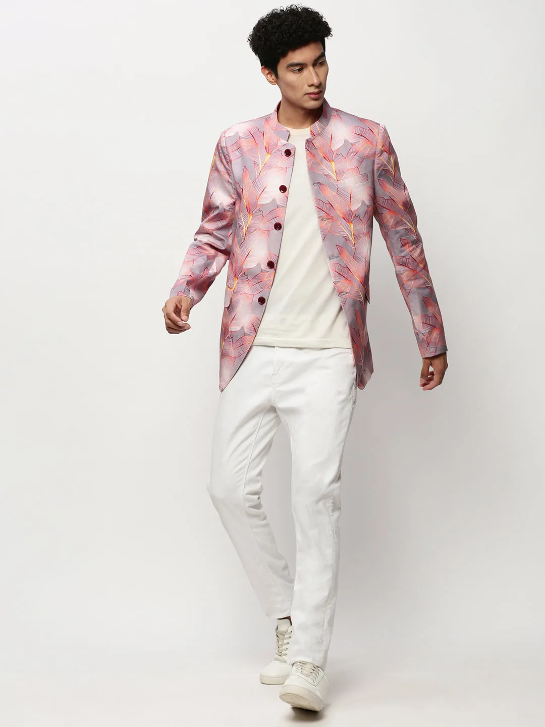 Men Mauve Floral Printed Mandarin Collar Slim-Fit Twill Cotton Bandhgala Blazer