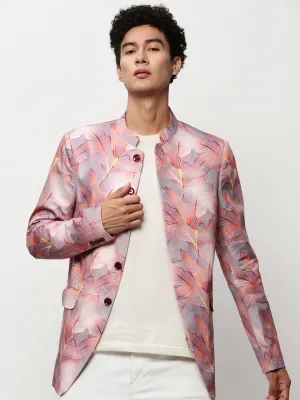 Men Mauve Floral Printed Mandarin Collar Slim-Fit Twill Cotton Bandhgala Blazer