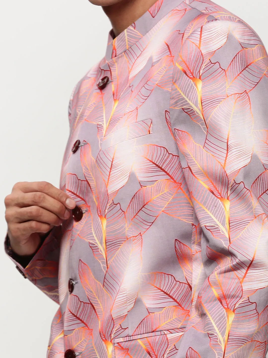 Men Mauve Floral Printed Mandarin Collar Slim-Fit Twill Cotton Bandhgala Blazer