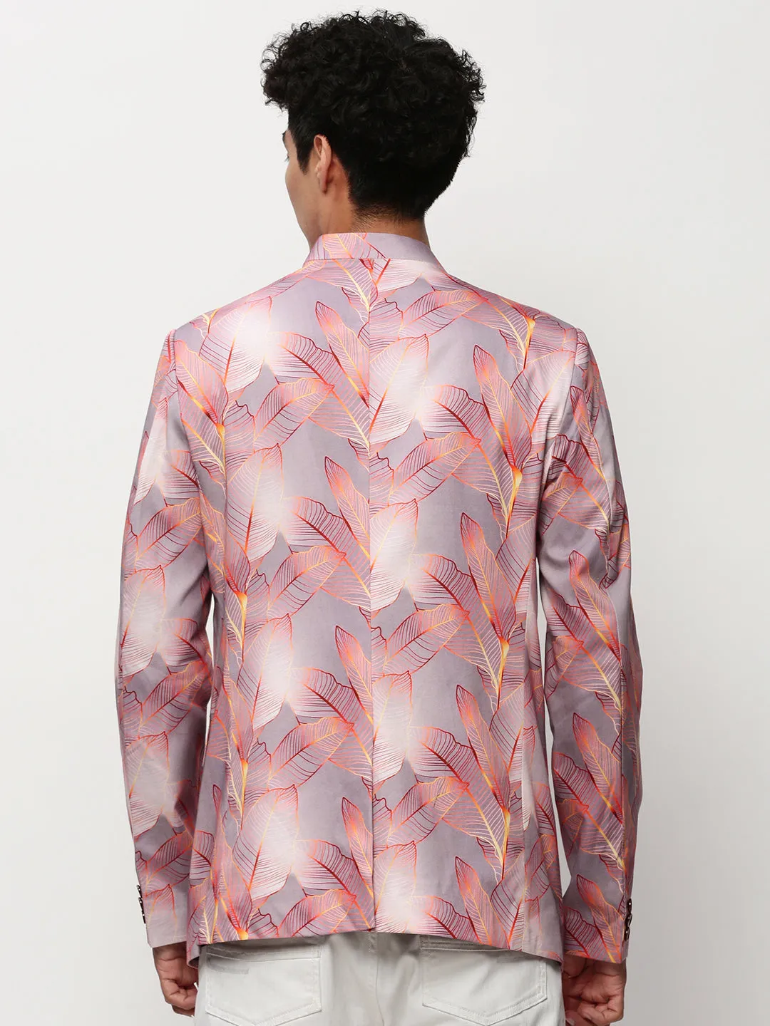 Men Mauve Floral Printed Mandarin Collar Slim-Fit Twill Cotton Bandhgala Blazer