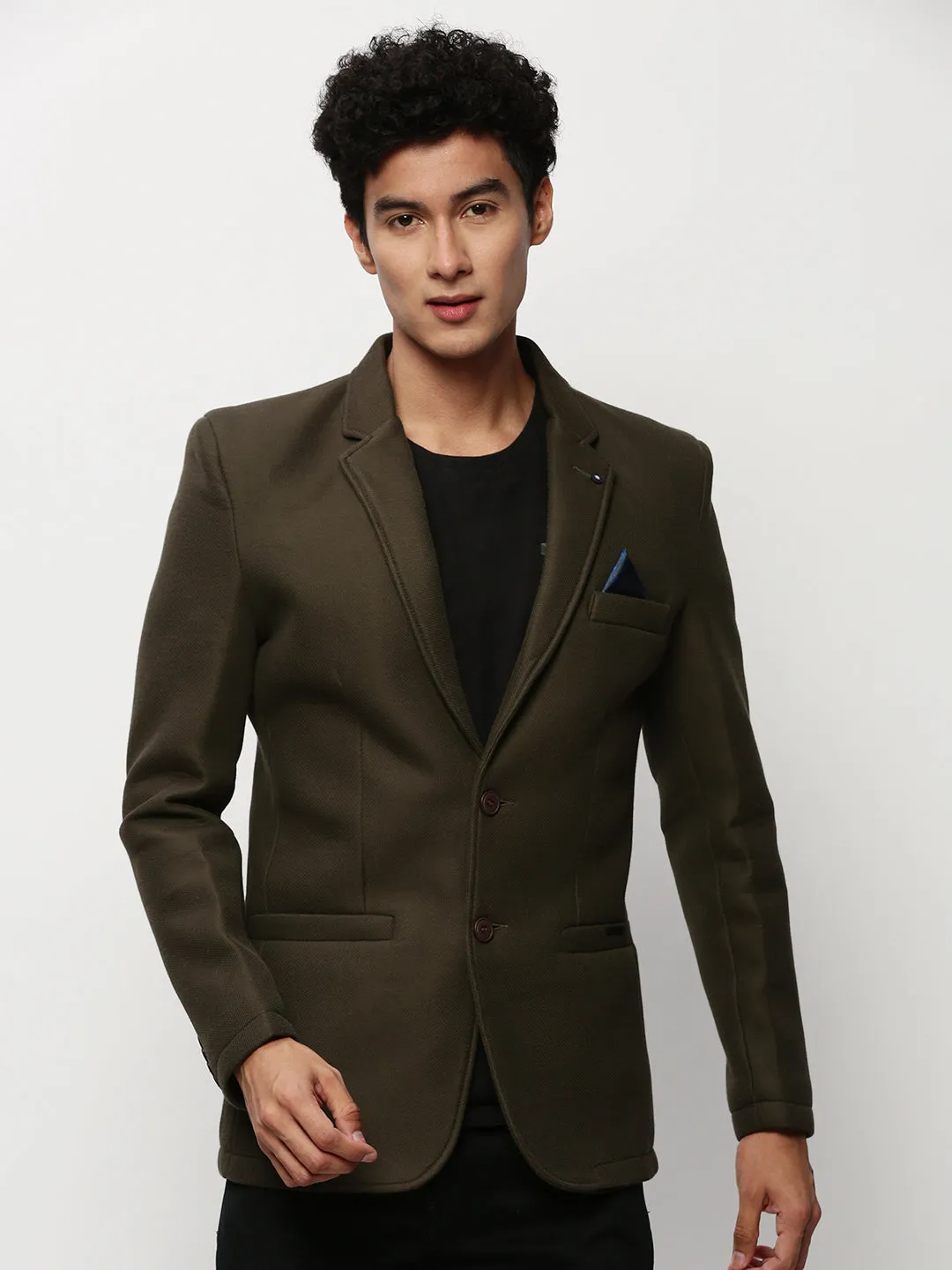 Men Olive Notched Lapel Slim-Fit Single Breasted Cotton Blazer