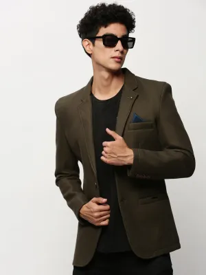 Men Olive Notched Lapel Slim-Fit Single Breasted Cotton Blazer