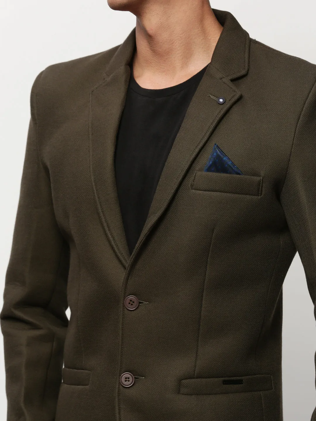 Men Olive Notched Lapel Slim-Fit Single Breasted Cotton Blazer