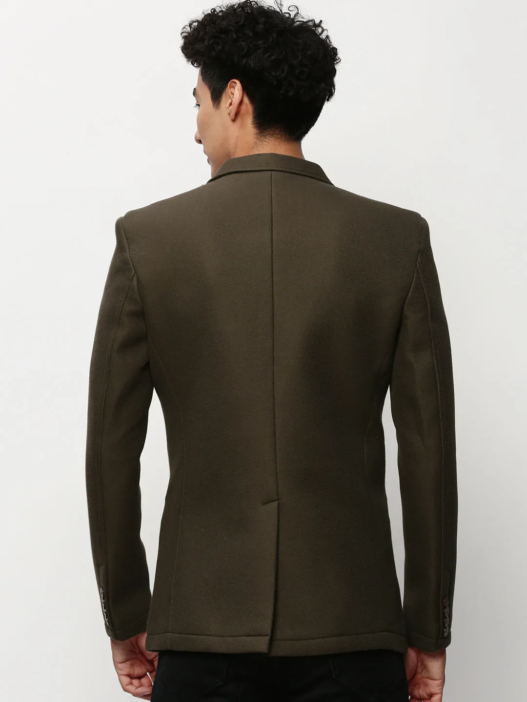 Men Olive Notched Lapel Slim-Fit Single Breasted Cotton Blazer