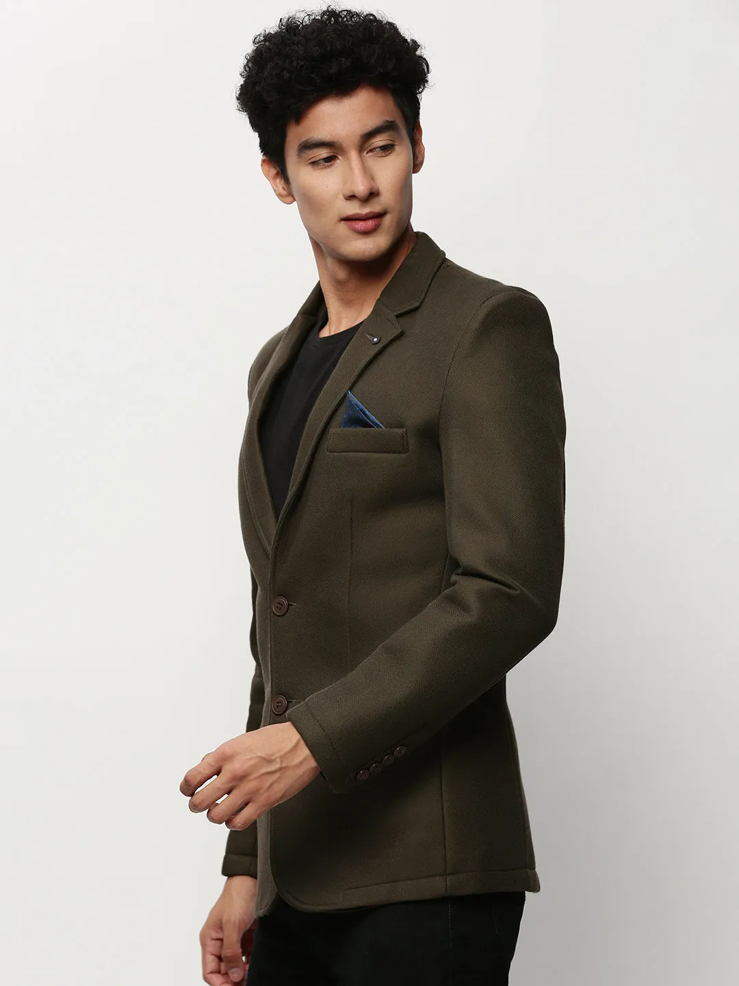 Men Olive Notched Lapel Slim-Fit Single Breasted Cotton Blazer