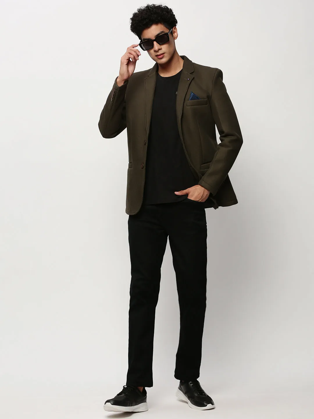 Men Olive Notched Lapel Slim-Fit Single Breasted Cotton Blazer