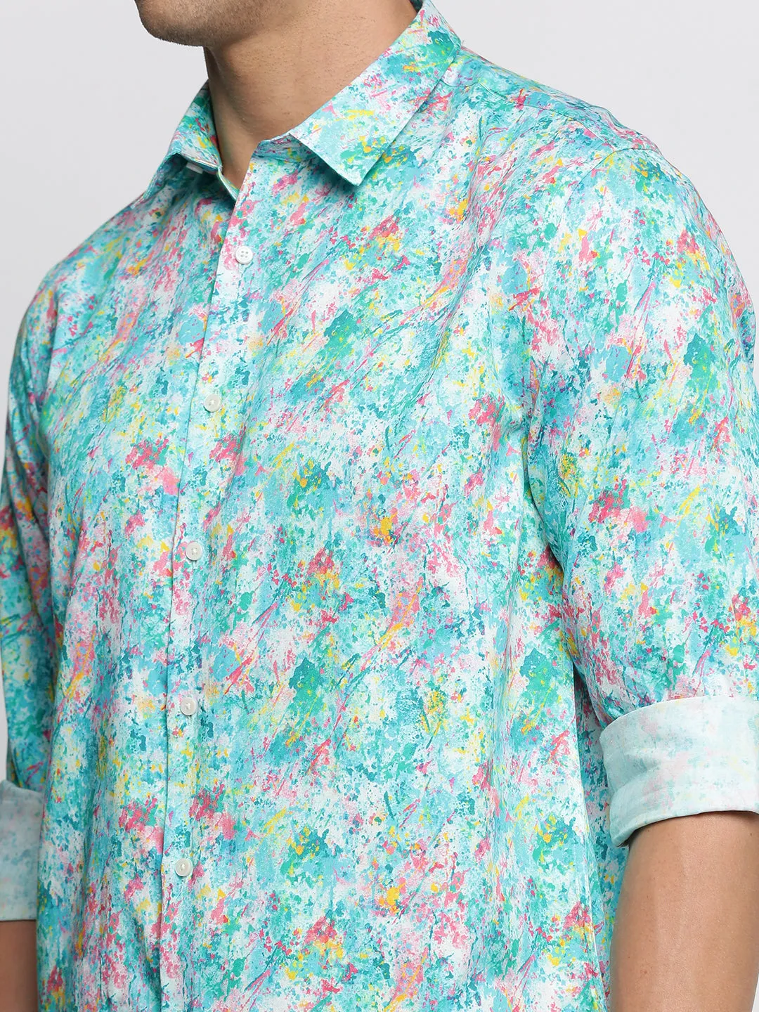 Men Turquoise Blue Slim Fit Abstract Printed Cotton Casual Shirt
