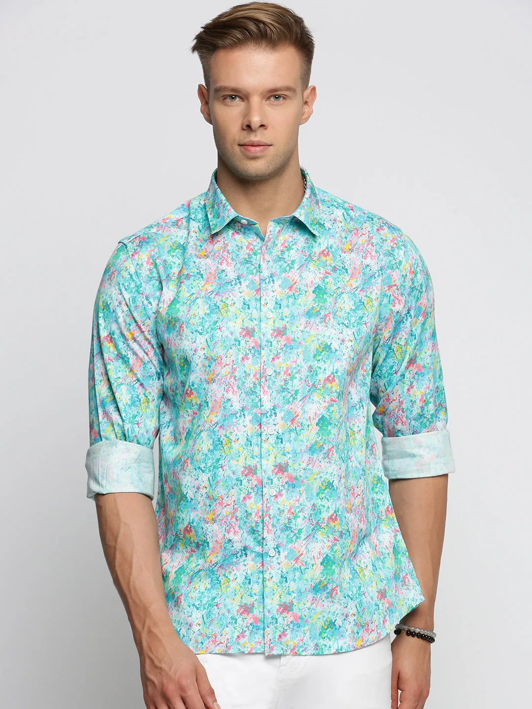 Men Turquoise Blue Slim Fit Abstract Printed Cotton Casual Shirt