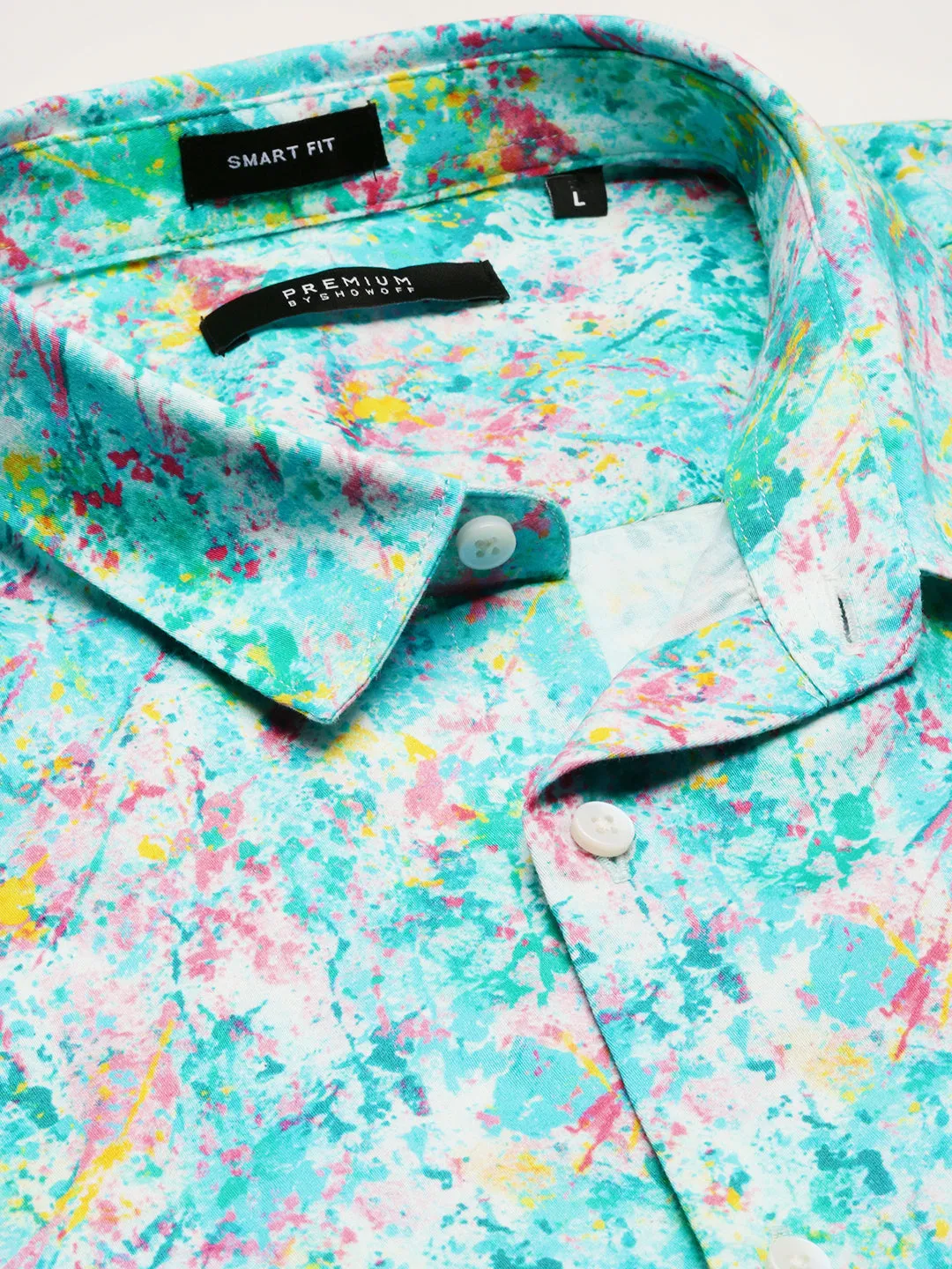 Men Turquoise Blue Slim Fit Abstract Printed Cotton Casual Shirt