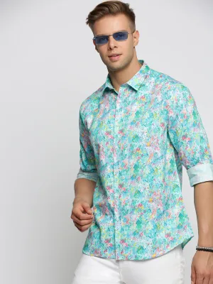 Men Turquoise Blue Slim Fit Abstract Printed Cotton Casual Shirt