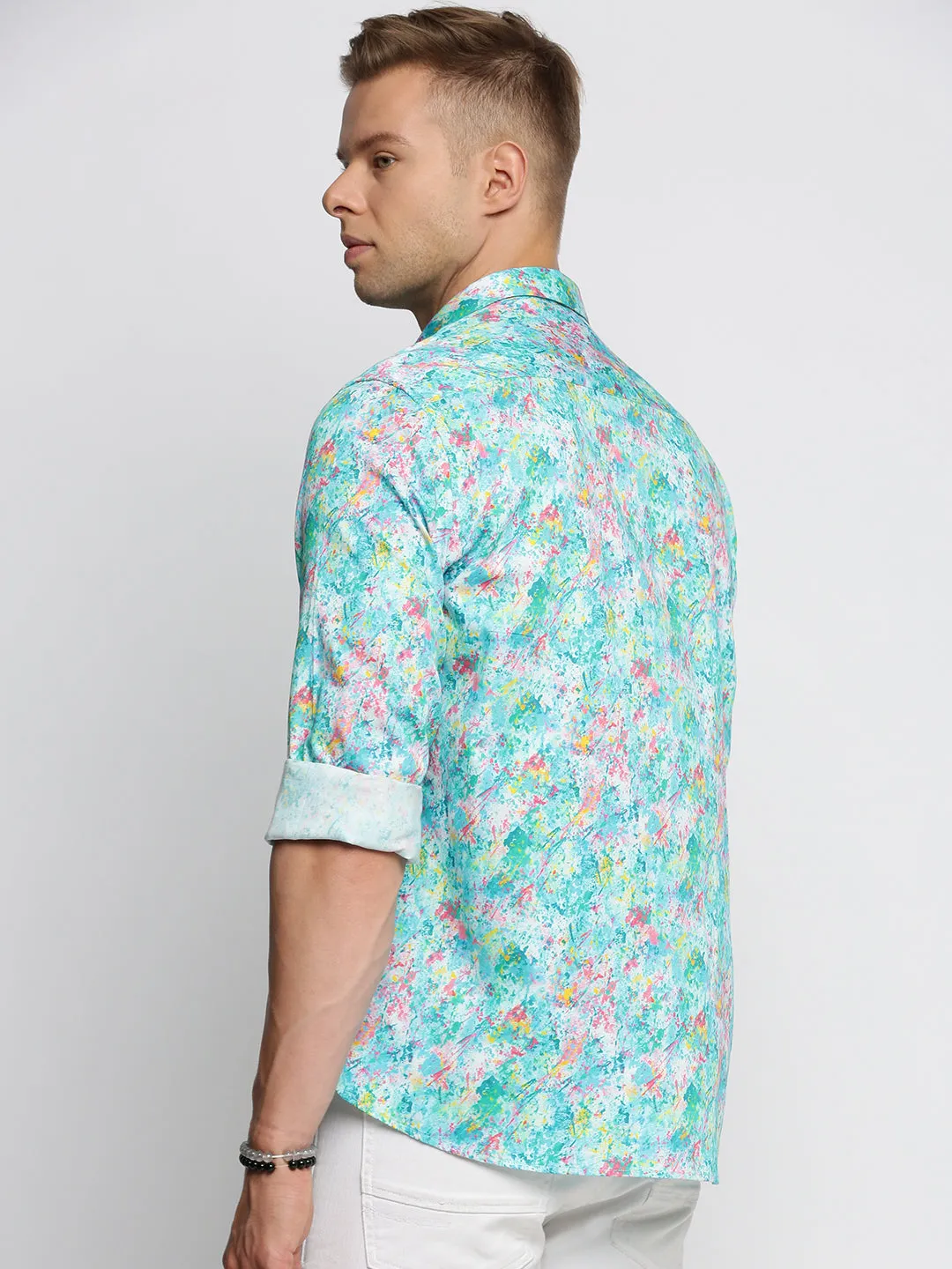 Men Turquoise Blue Slim Fit Abstract Printed Cotton Casual Shirt