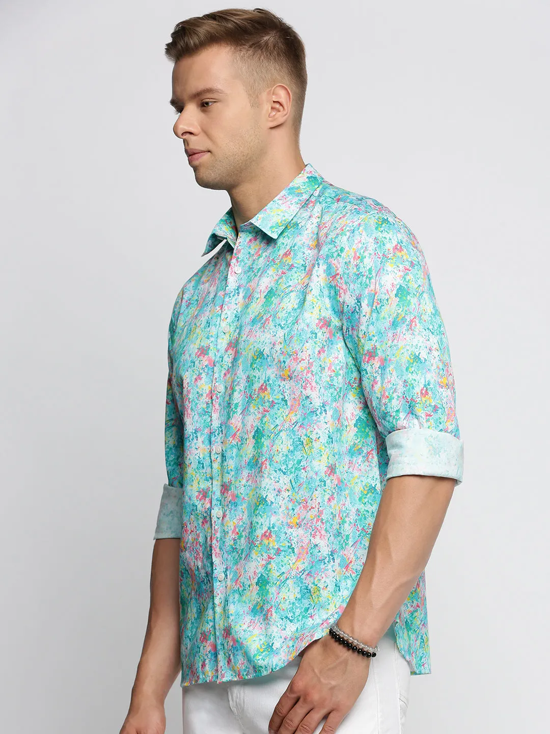 Men Turquoise Blue Slim Fit Abstract Printed Cotton Casual Shirt