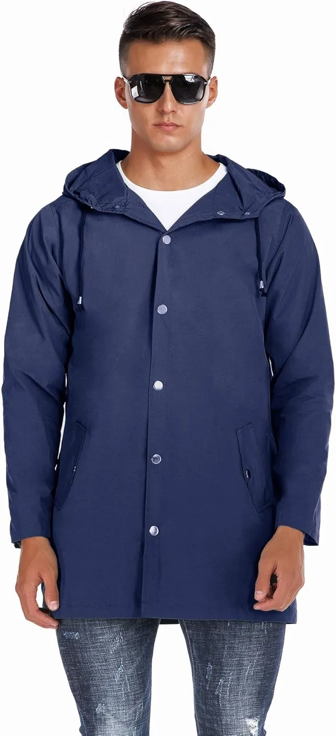 Men Waterproof Raincoat Hooded Windbreaker Lightweight Long Rain Jacket Active Outdoor Trench