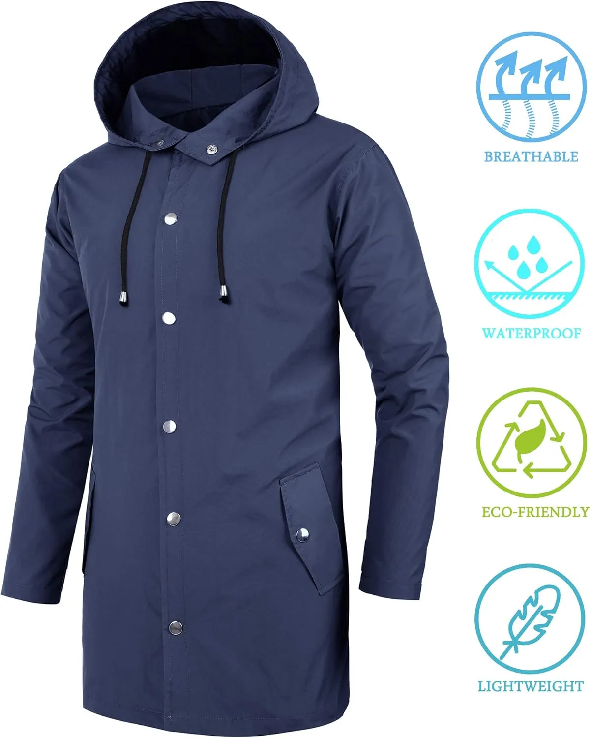 Men Waterproof Raincoat Hooded Windbreaker Lightweight Long Rain Jacket Active Outdoor Trench