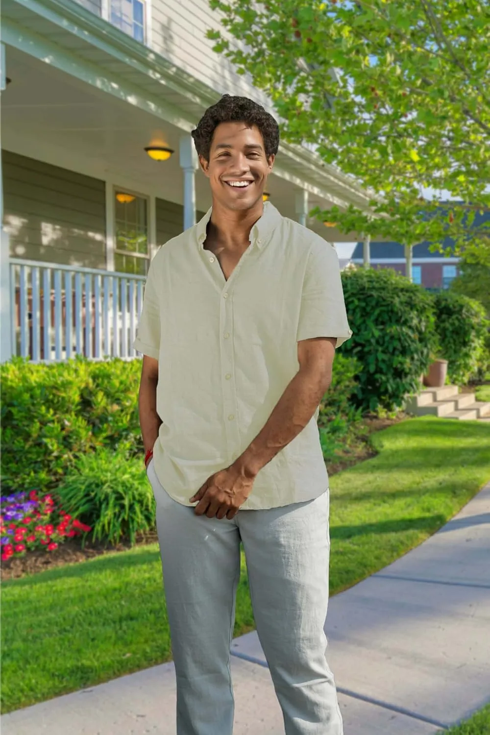 Men’s Linen Blend Short Sleeve Casual Shirt for Vacation, Holiday, Casual Party, Lightweight Button Down Shirt
